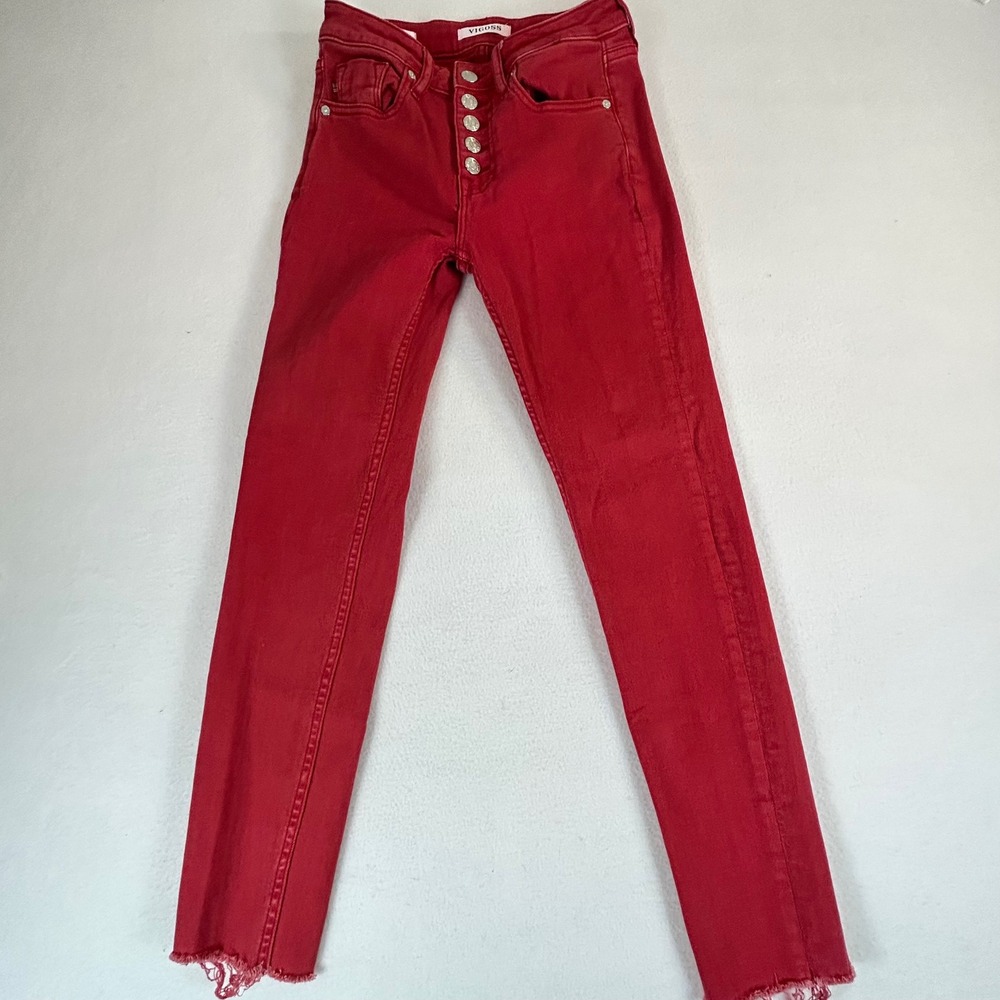 Vigoss‎ Ace Skinny Red High Rise Button Fly Raw Hem Jeans P00484A Womens 27